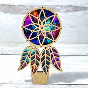 Dreamcatcher Night Light Laser Cut Wood Resin Stained Glass Style LED Wall Plug